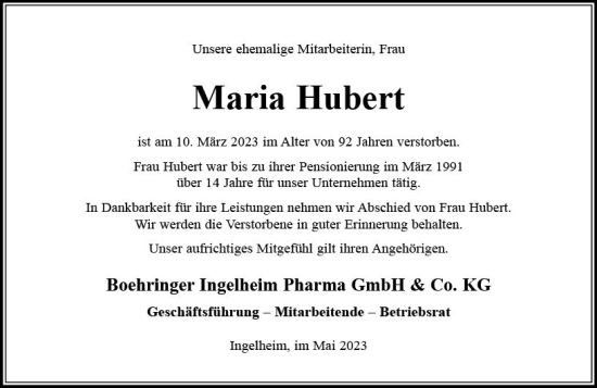 Traueranzeige von Maria Hubert von Allgemeine Zeitung Bingen/Ingelheim