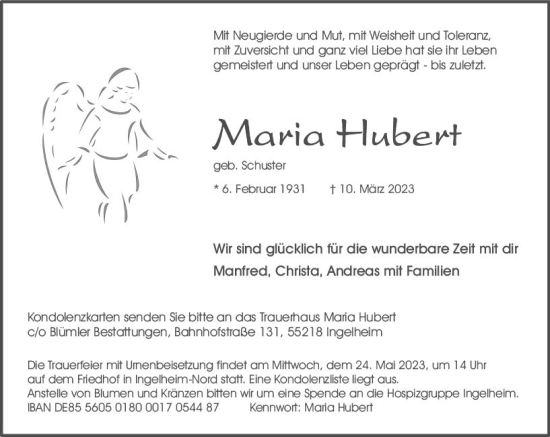 Traueranzeige von Maria Hubert von Allgemeine Zeitung Bingen/Ingelheim