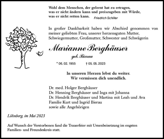 Traueranzeige von Marianne Berghäuser von Weilburger Tageblatt