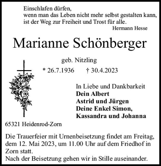 Traueranzeige von Marianne Schönberger von Idsteiner Land/Untertaunus