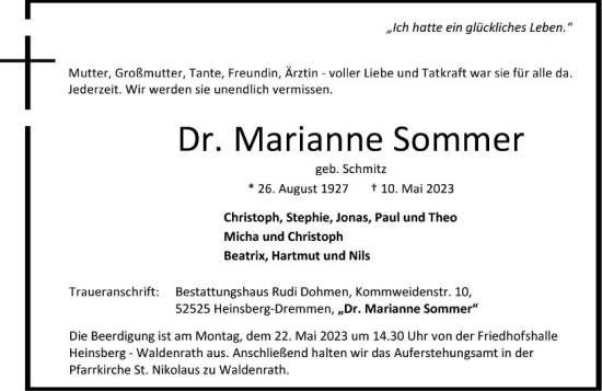 Traueranzeige von Marianne Sommer von Darmstädter Echo