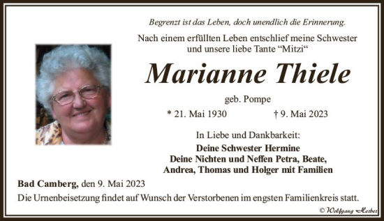 Traueranzeige von Marianne Thiele von Camberger Anzeiger