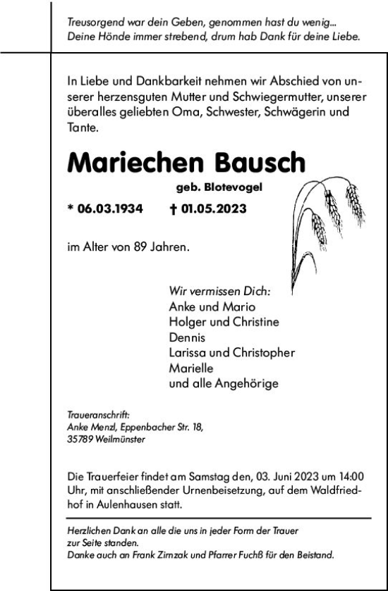 Traueranzeige von Mariechen Bausch von Weilburger Tageblatt