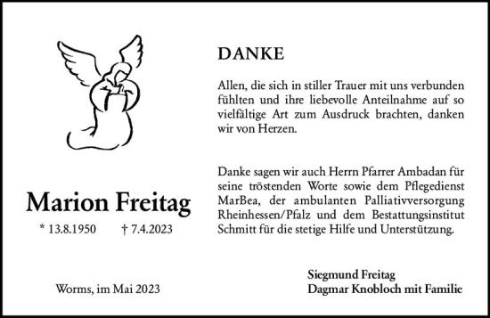 Traueranzeige von Marion Freitag von Wormser Zeitung