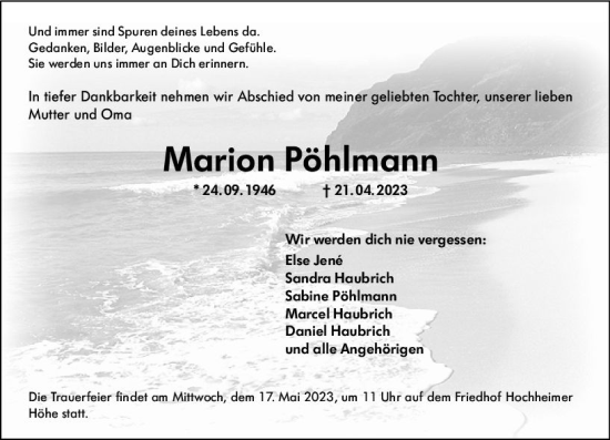 Traueranzeige von Marion Pöhlmann von Wormser Zeitung