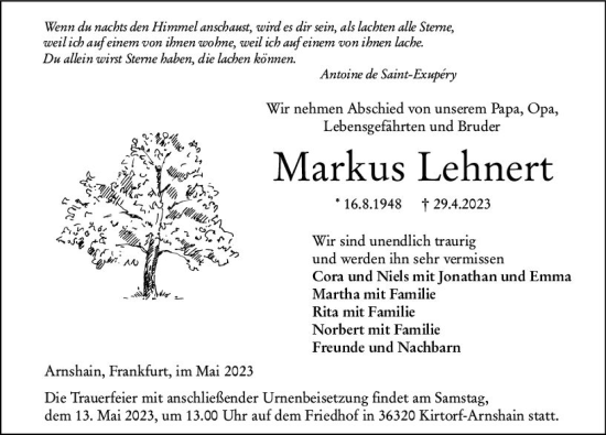 Traueranzeige von Markus Lehnert von VRM Trauer