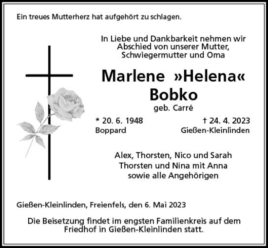 Traueranzeige von Marlene Bobko von Weilburger Tageblatt