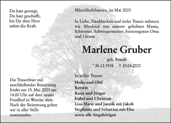 Traueranzeige von Marlene Gruber von Wetzlarer Neue Zeitung