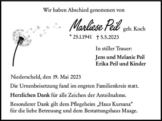 Traueranzeige von Marliese Peil von Dill Block