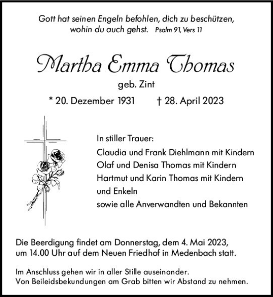 Traueranzeige von Martha Emma Thomas von Dill Block