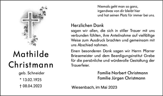 Traueranzeige von Mathilde Christmann von Hinterländer Anzeiger