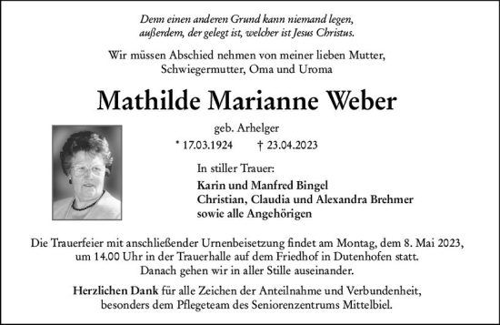 Traueranzeige von Mathilde Marianne Weber von Wetzlarer Neue Zeitung
