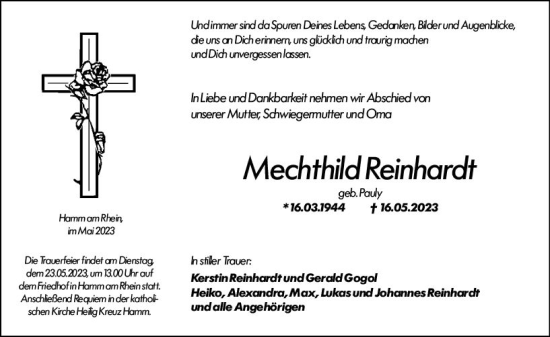 Traueranzeige von Mechthild Reinhardt von Wormser Zeitung