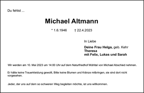 Traueranzeige von Michael Altmann von Darmstädter Echo