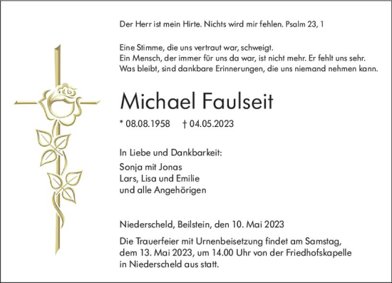 Traueranzeige von Michael Faulseit von Dill Block