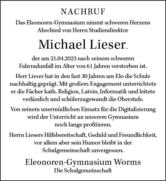 Traueranzeige von Michael Lieser von Wormser Zeitung