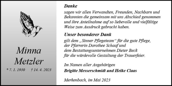 Traueranzeige von Minna Metzler von Dill Block