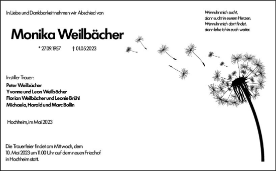Traueranzeige von Monika Weilbächer von Hochheimer Zeitung