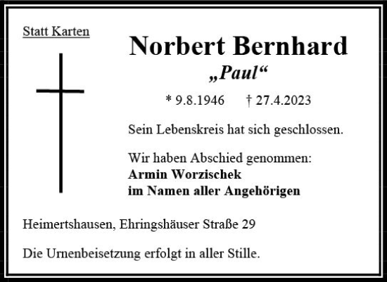 Traueranzeige von Norbert Bernhard von VRM Trauer