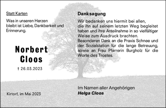 Traueranzeige von Norbert Cloos von Oberhessen Kurier