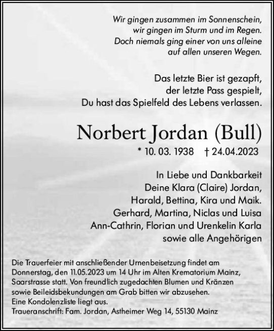 Traueranzeige von Norbert Jordan von Allgemeine Zeitung Mainz