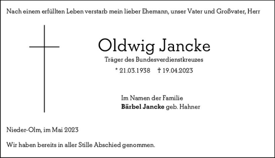 Traueranzeige von Oldwig Jancke von Allgemeine Zeitung Mainz