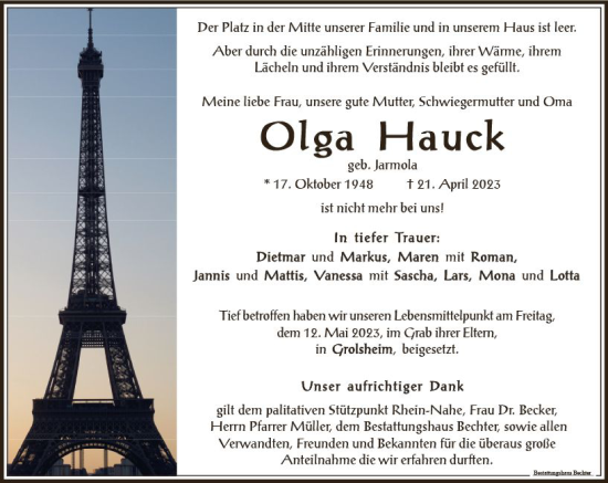 Traueranzeige von Olga Hauck von Allgemeine Zeitung Bingen/Ingelheim