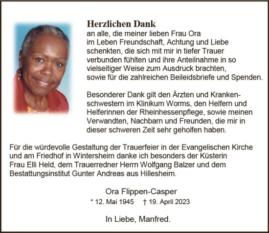 Traueranzeige von Ora Flippen-Casper von Allgemeine Zeitung Mainz