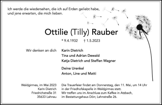 Traueranzeige von Ottilie Rauber von Wetzlarer Neue Zeitung