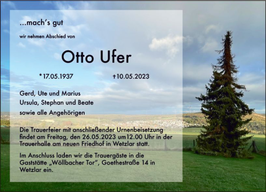 Traueranzeige von Otto Ufer von Wetzlarer Neue Zeitung
