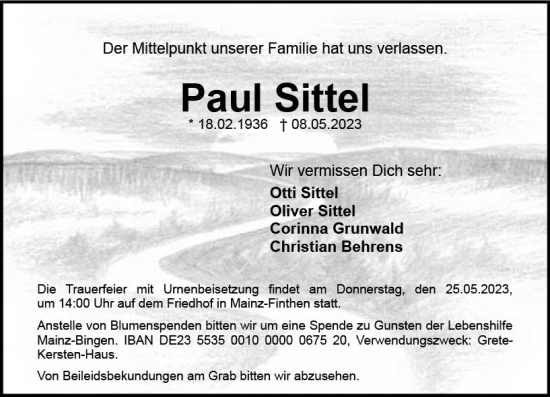 Traueranzeige von Paul Sittel von Allgemeine Zeitung Mainz