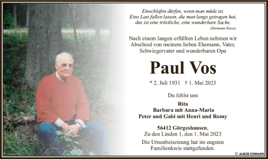 Traueranzeige von Paul Vos von Nassauische Neue Presse