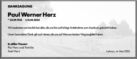 Traueranzeige von Paul Werner Herz von Wetzlarer Neue Zeitung