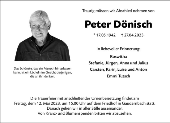 Traueranzeige von Peter Dönisch von Weilburger Tageblatt