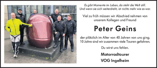Traueranzeige von Peter Geins von Allgemeine Zeitung Bingen/Ingelheim