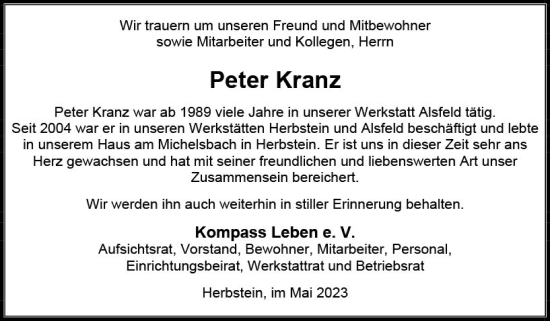 Traueranzeige von Peter Kranz von VRM Trauer