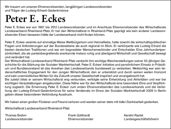 Traueranzeige von Peter Eugen Eckes von Allgemeine Zeitung Mainz
