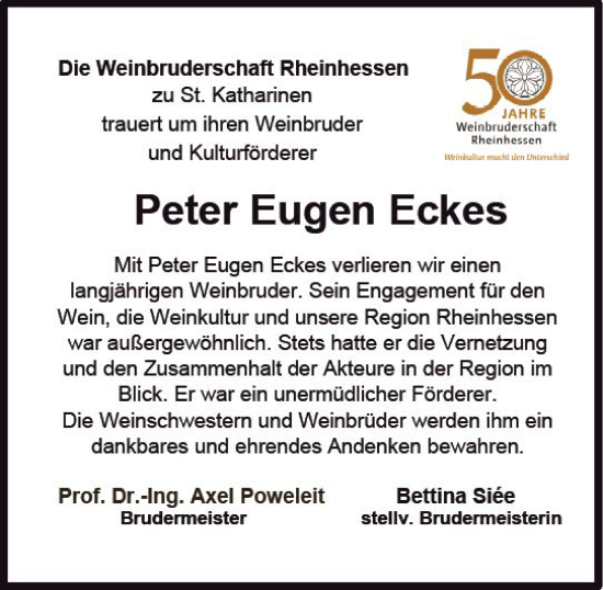 Traueranzeige von Peter Eugen Eckes von Allgemeine Zeitung Mainz