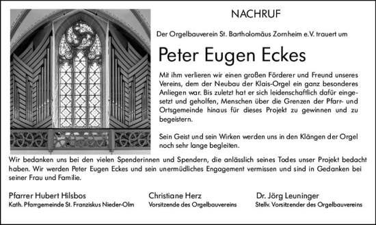 Traueranzeige von Peter Eugen Eckes von Allgemeine Zeitung Mainz