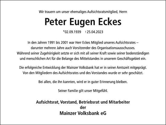 Traueranzeige von Peter Eugen Eckes von Allgemeine Zeitung Bingen/Ingelheim