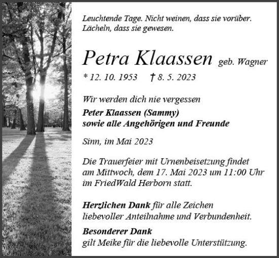 Traueranzeige von Petra Klaassen von Dill Block Traueranzeige von Petra Klaassen von Dill Block