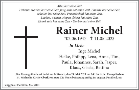 Traueranzeige von Rainer Michel von Wetzlarer Neue Zeitung