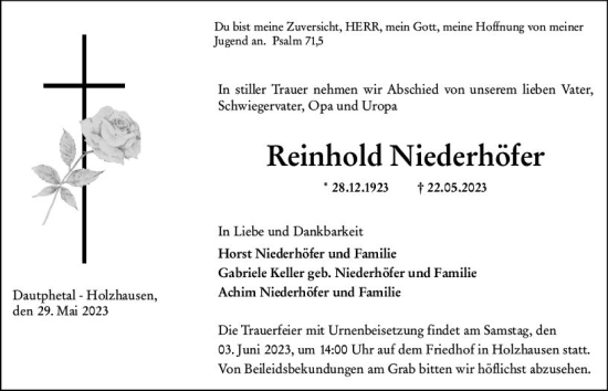 Traueranzeige von Reinhold Niederhöfer von Hinterländer Anzeiger