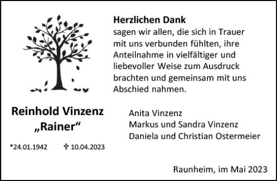 Traueranzeige von Reinhold Vinzenz von Rüsselsheimer Echo
