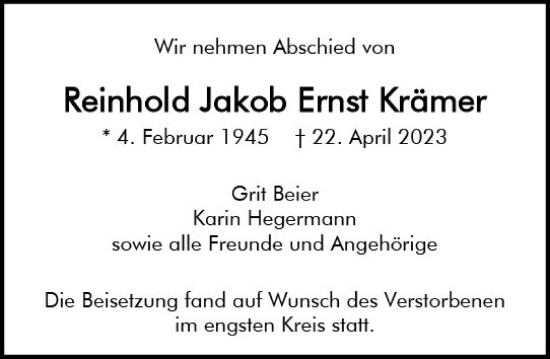 Traueranzeige von Reinhold Jakob Ernst Krämer von Allgemeine Zeitung Mainz