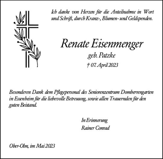 Traueranzeige von Renate Eisrnmenger von Allgemeine Zeitung Mainz