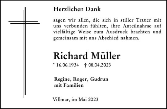 Traueranzeige von Richard Müller von Weilburger Tageblatt