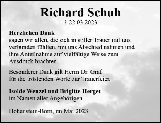 Traueranzeige von Richard Schuh von Wiesbadener Kurier