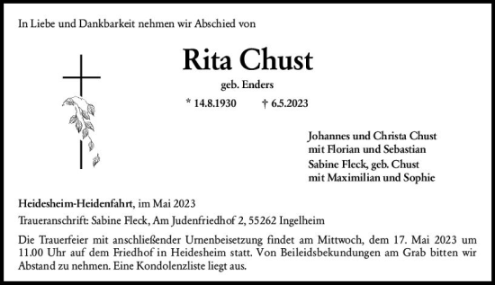 Traueranzeige von Rita Chust von Allgemeine Zeitung Mainz