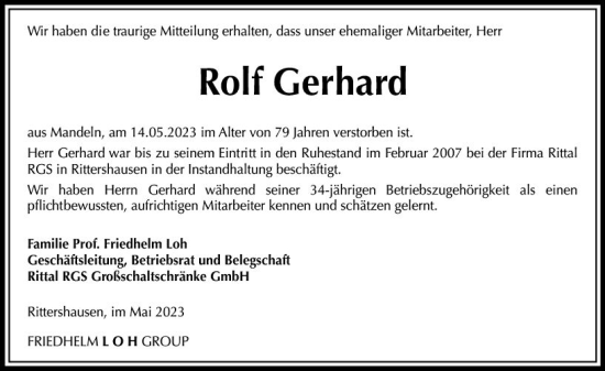 Traueranzeige von Rolf Gerhard von Dill Block